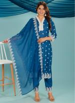 Cotton Malmal N Blue Party Wear Emboidery Work Readymade Plazzo Suit